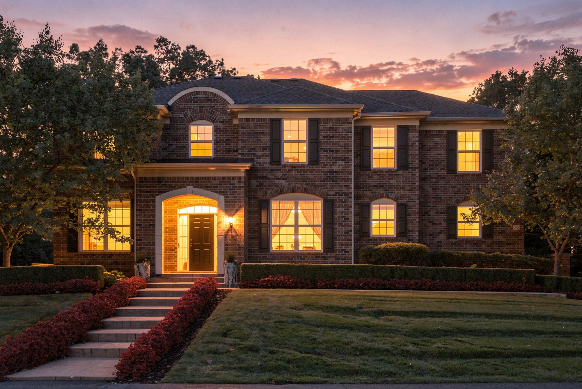 319 Greenan Lane at twilight, windows glowing above begonia-lined stone steps